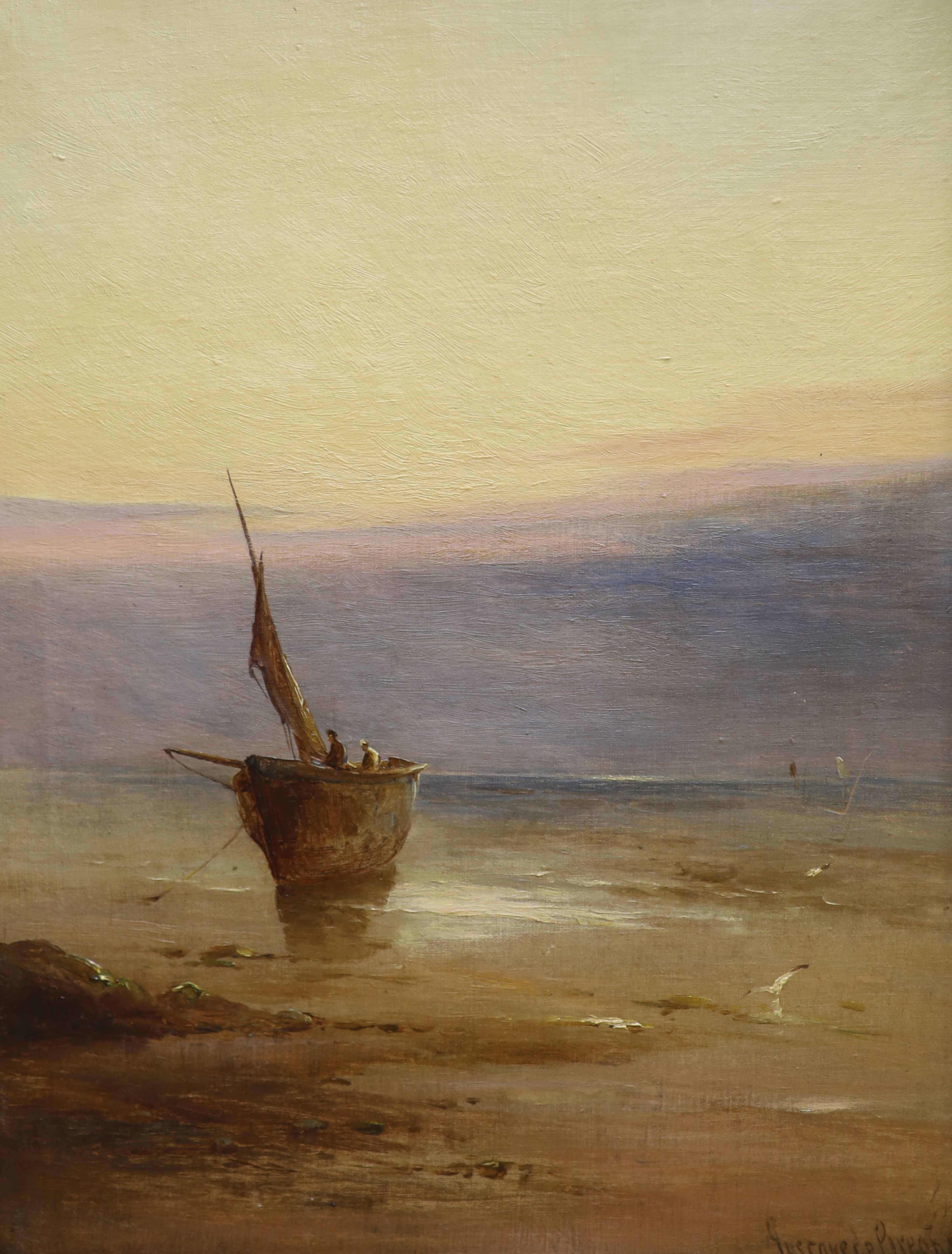 Gustav De Breanski (c 1856-1898), oil on canvas, Beached fishing boat at sunset, signed, 59.5 x 44cm